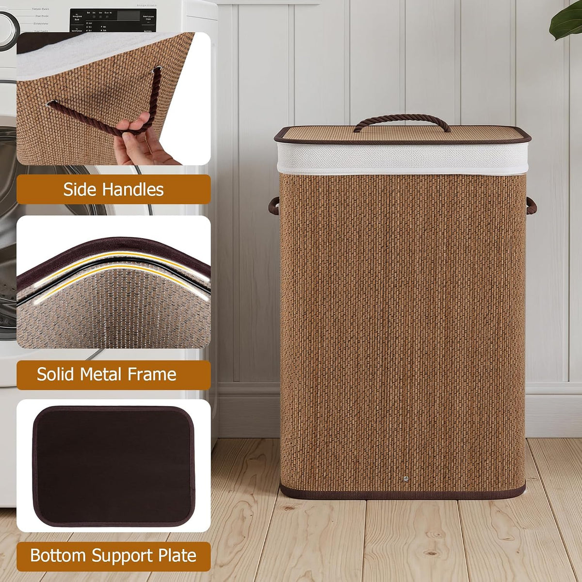 Bamboo Laundry Hamper with Lid Removable Liner & Handles
