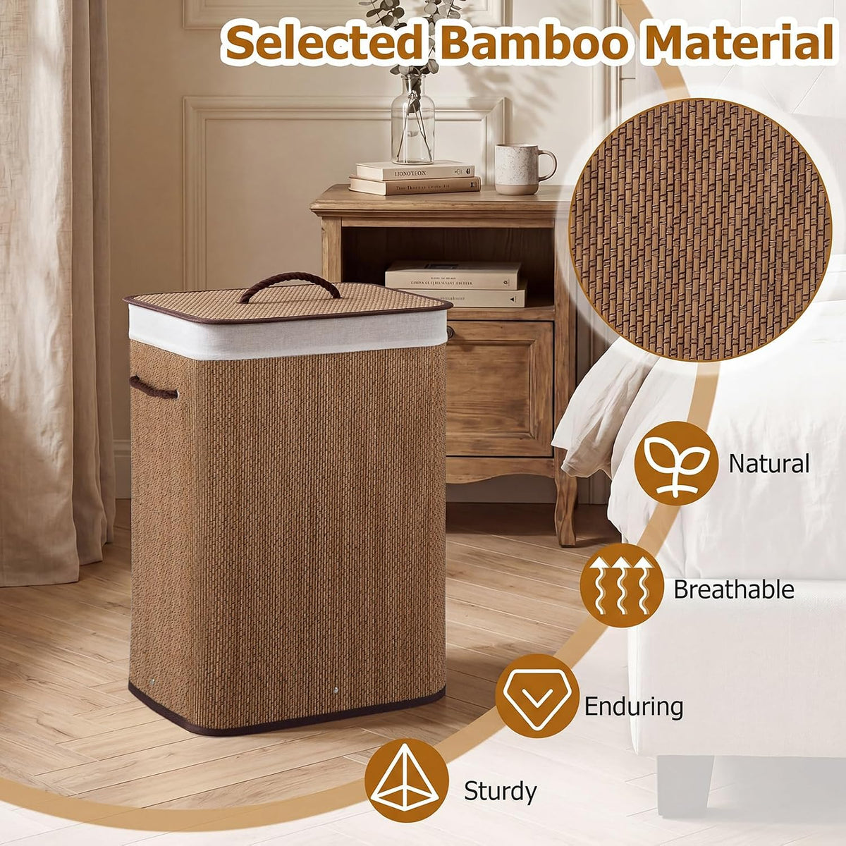 Bamboo Laundry Hamper with Lid Removable Liner & Handles