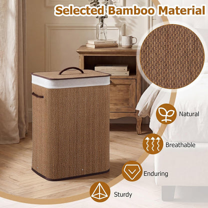 Bamboo Laundry Hamper with Lid Removable Liner & Handles