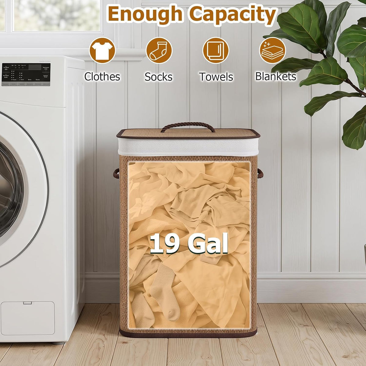 Bamboo Laundry Hamper with Lid Removable Liner & Handles