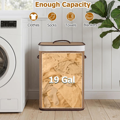 Bamboo Laundry Hamper with Lid Removable Liner & Handles