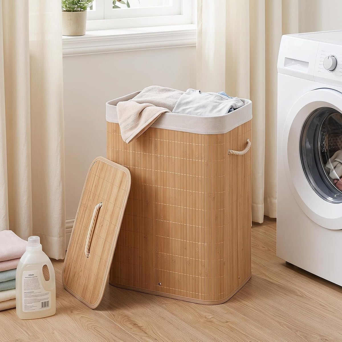 Bamboo Laundry Hamper with Lid Removable Liner & Handles