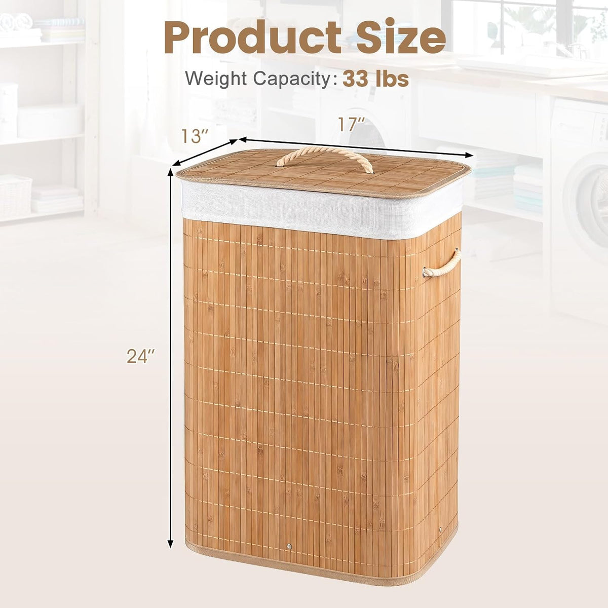 Bamboo Laundry Hamper with Lid Removable Liner & Handles