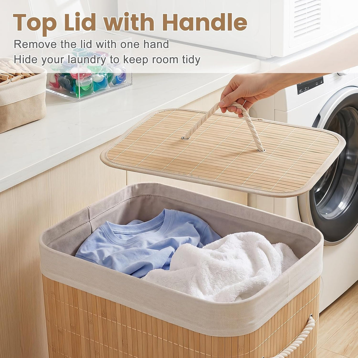 Bamboo Laundry Hamper with Lid Removable Liner & Handles