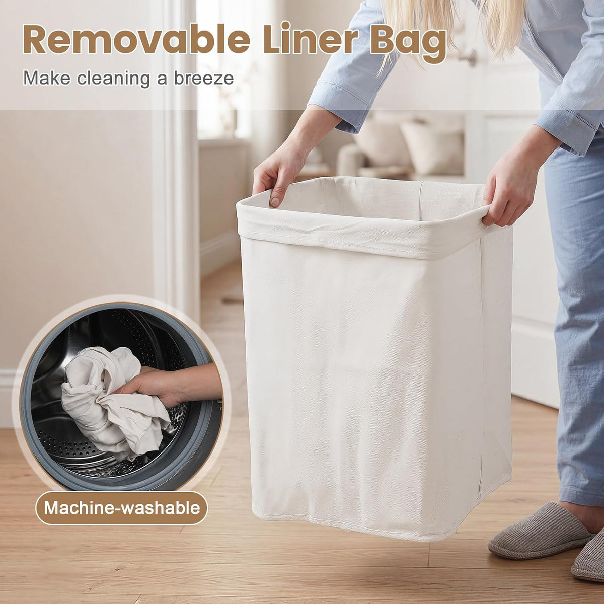 Bamboo Laundry Hamper with Lid Removable Liner & Handles