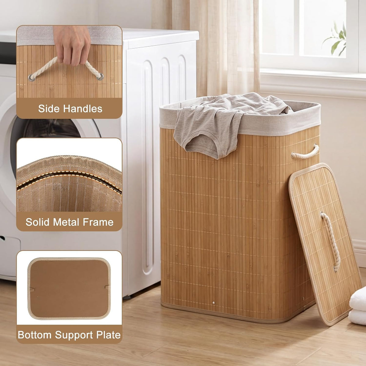 Bamboo Laundry Hamper with Lid Removable Liner & Handles