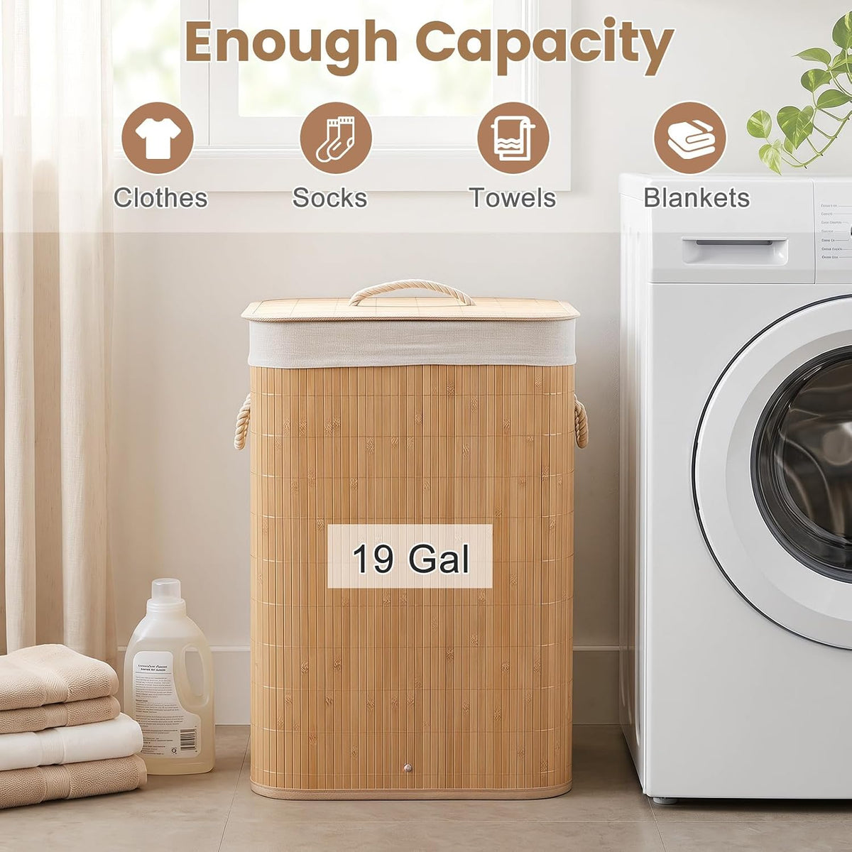 Bamboo Laundry Hamper with Lid Removable Liner & Handles