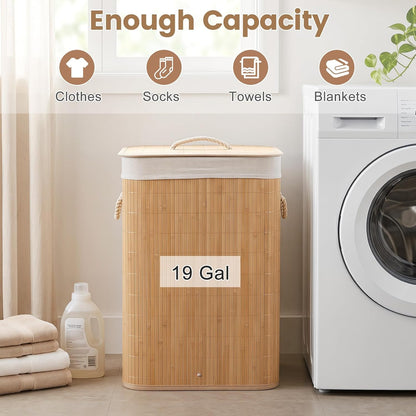 Bamboo Laundry Hamper with Lid Removable Liner & Handles