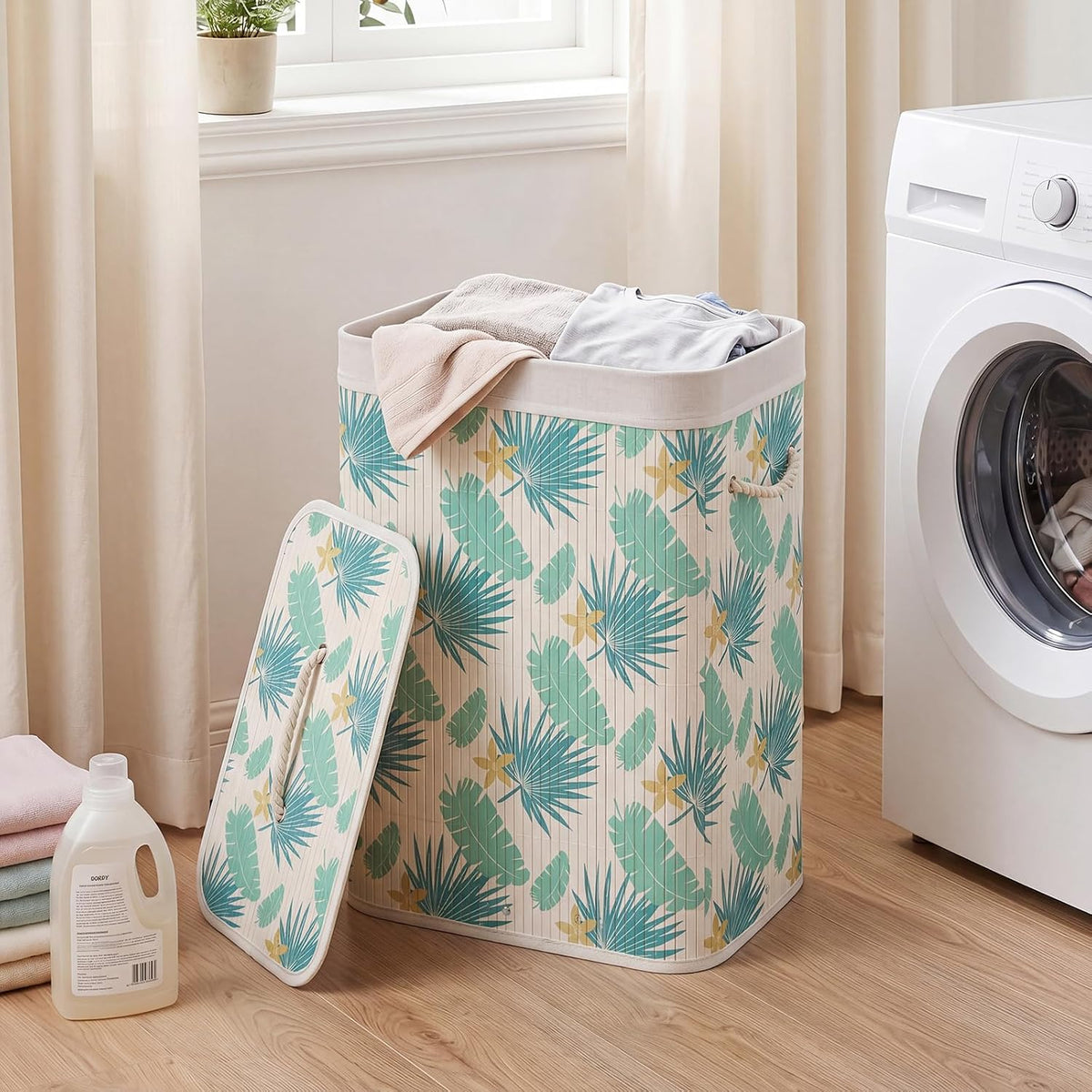 Bamboo Laundry Hamper with Lid Removable Liner & Handles