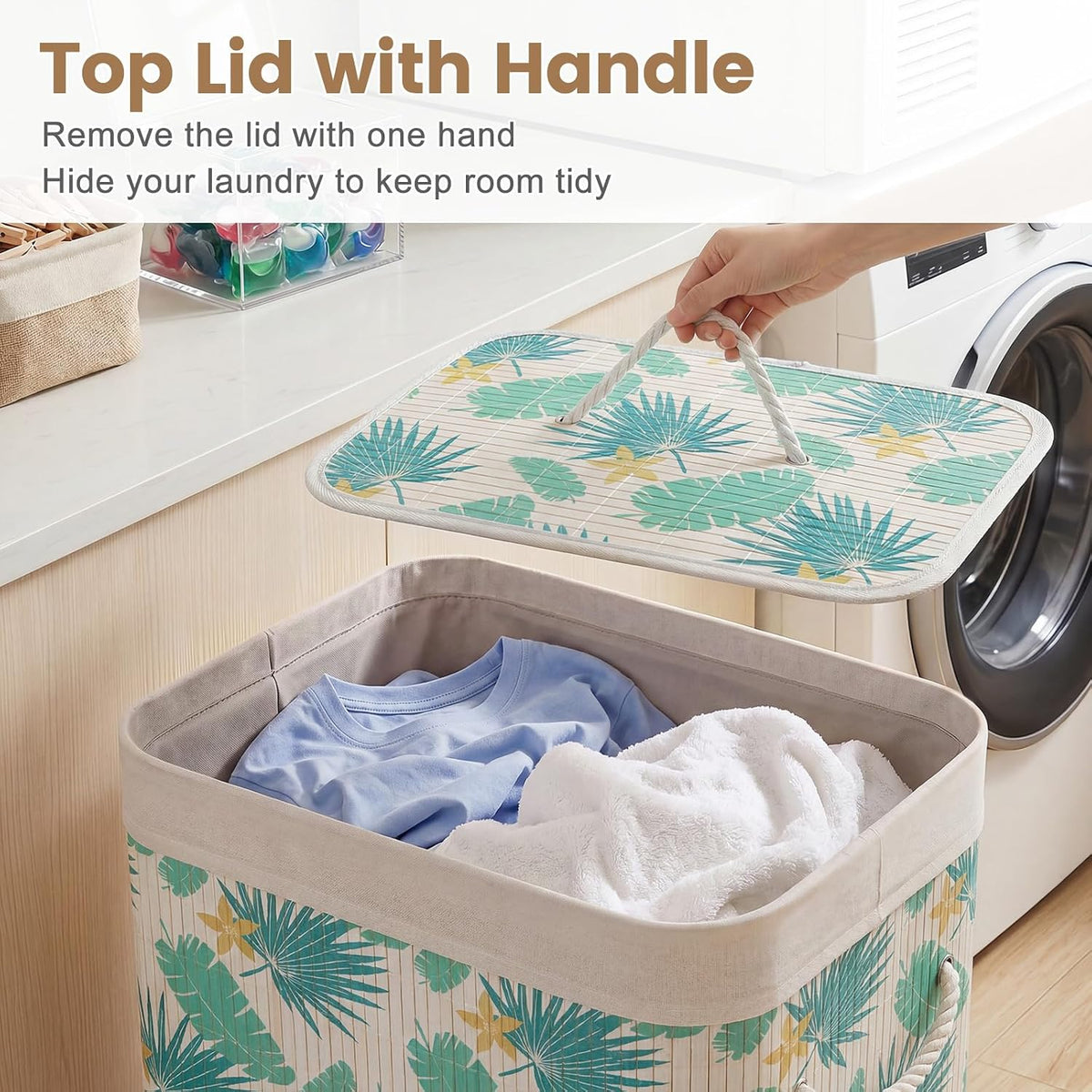 Bamboo Laundry Hamper with Lid Removable Liner & Handles