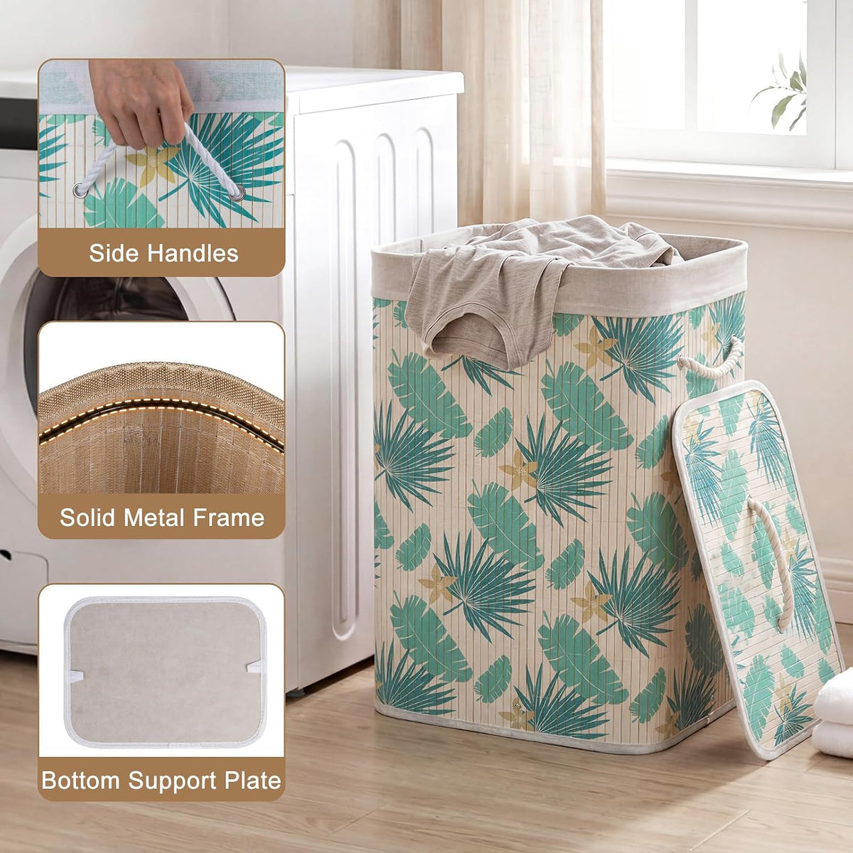 Bamboo Laundry Hamper with Lid Removable Liner & Handles