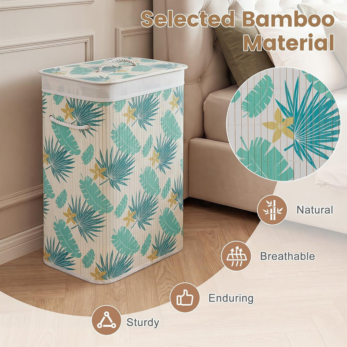 Bamboo Laundry Hamper with Lid Removable Liner & Handles