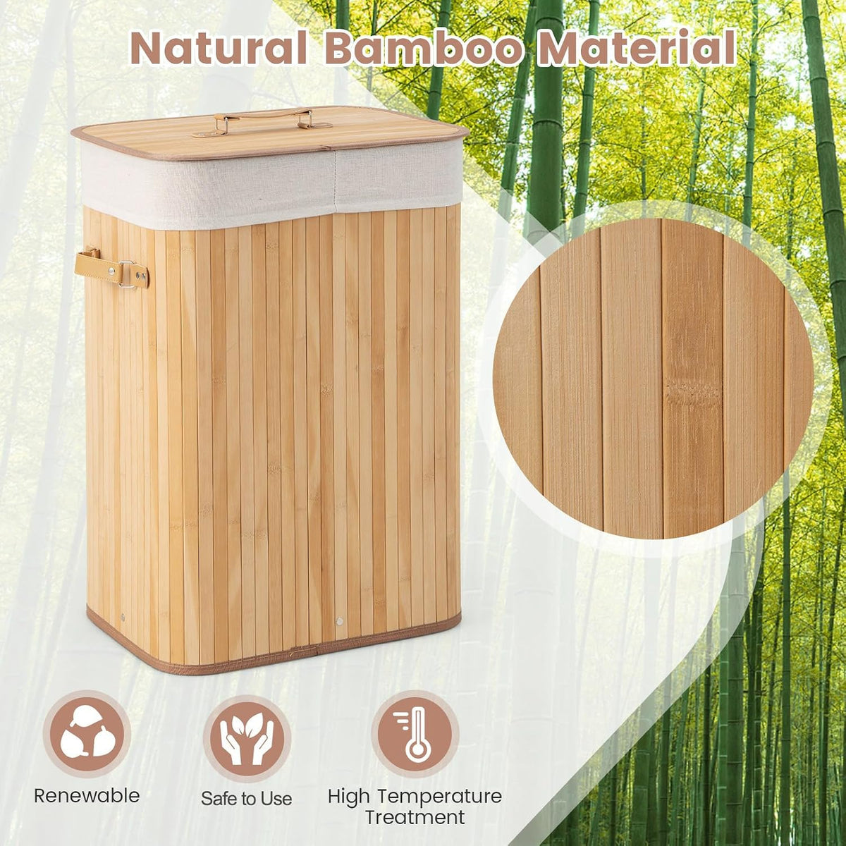Bamboo Laundry Hamper with Lid Removable Liner & Handles