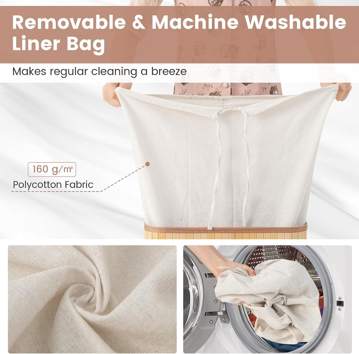 Bamboo Laundry Hamper with Lid Removable Liner & Handles