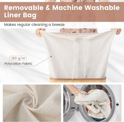 Bamboo Laundry Hamper with Lid Removable Liner & Handles