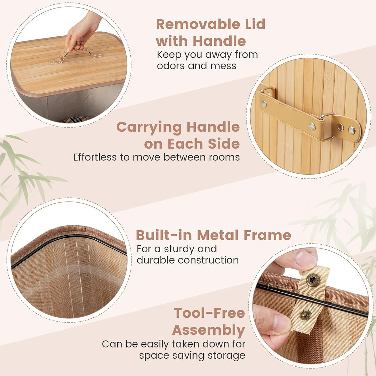 Bamboo Laundry Hamper with Lid Removable Liner & Handles
