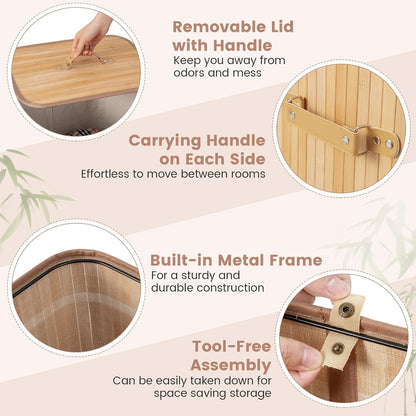 Bamboo Laundry Hamper with Lid Removable Liner & Handles