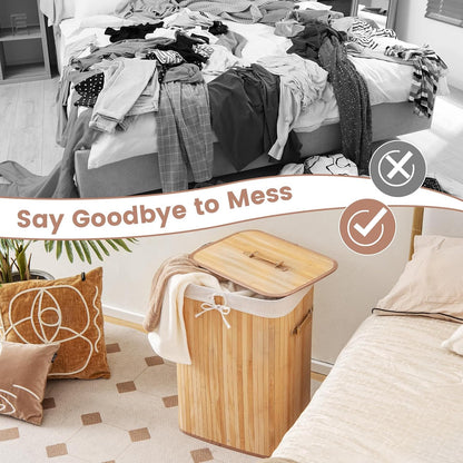 Bamboo Laundry Hamper with Lid Removable Liner & Handles
