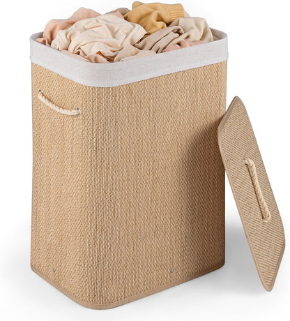 Bamboo Laundry Hamper with Lid Removable Liner & Handles