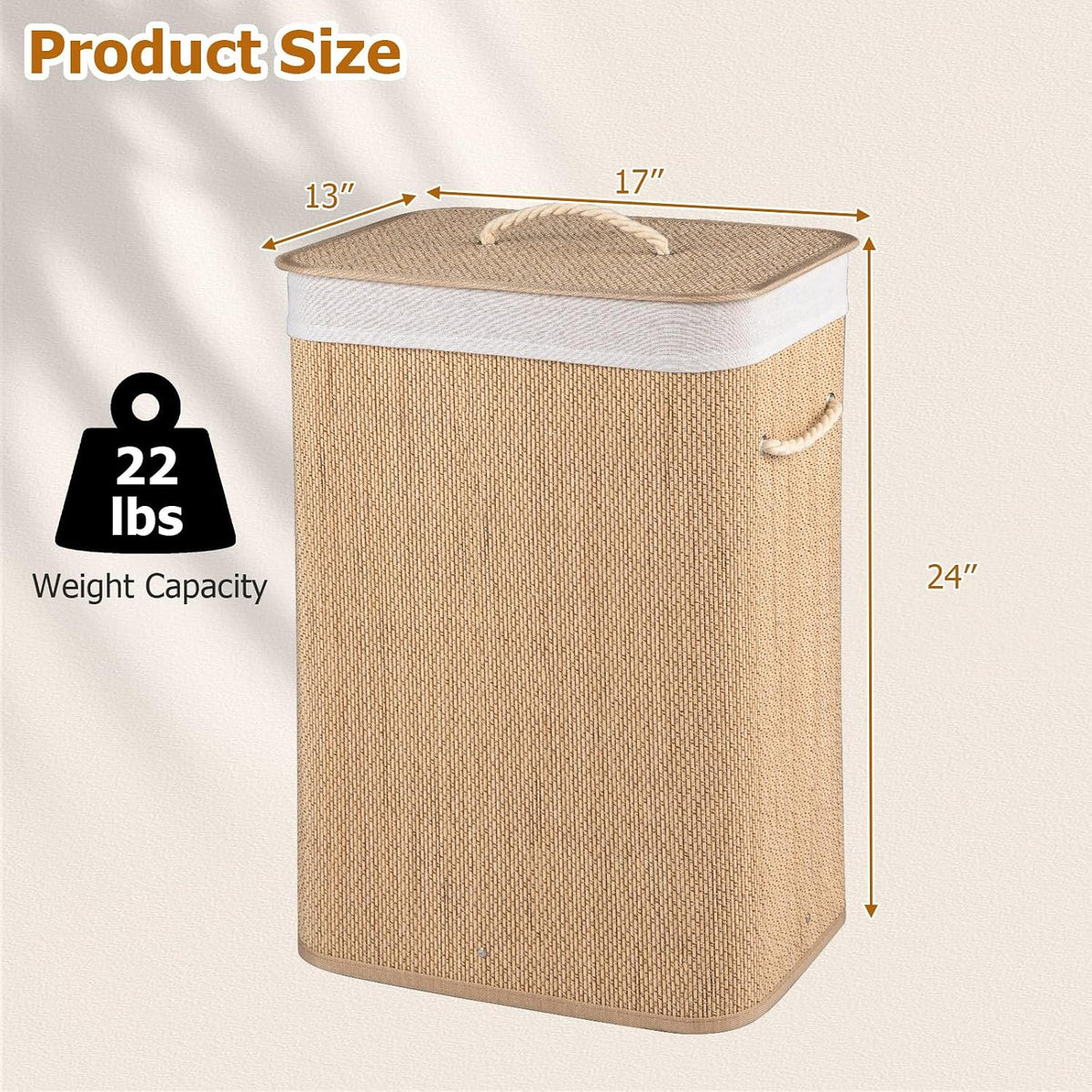 Bamboo Laundry Hamper with Lid Removable Liner & Handles