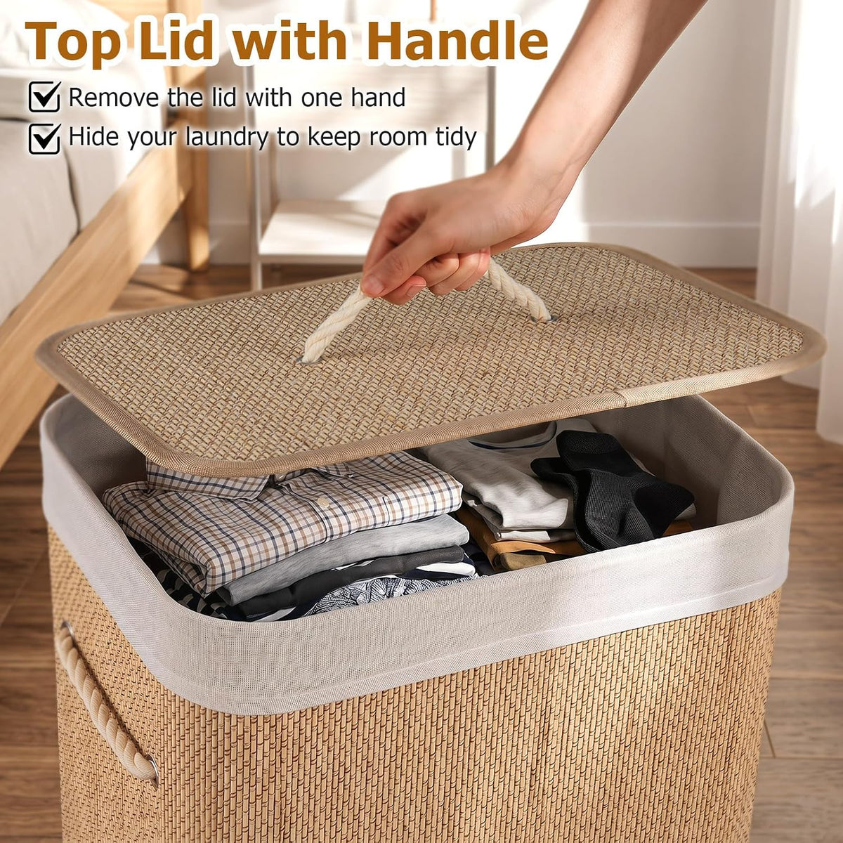 Bamboo Laundry Hamper with Lid Removable Liner & Handles