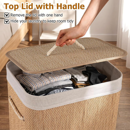 Bamboo Laundry Hamper with Lid Removable Liner & Handles