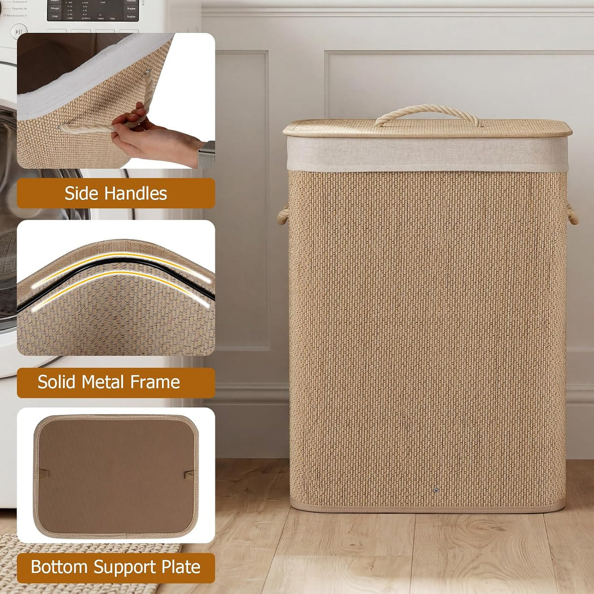 Bamboo Laundry Hamper with Lid Removable Liner & Handles