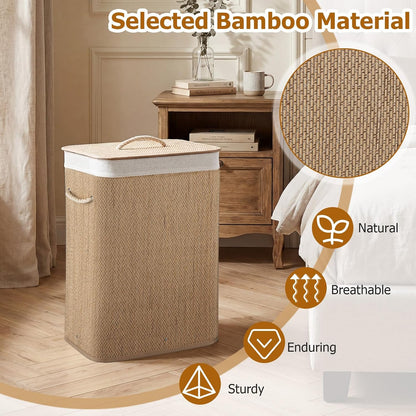 Bamboo Laundry Hamper with Lid Removable Liner & Handles