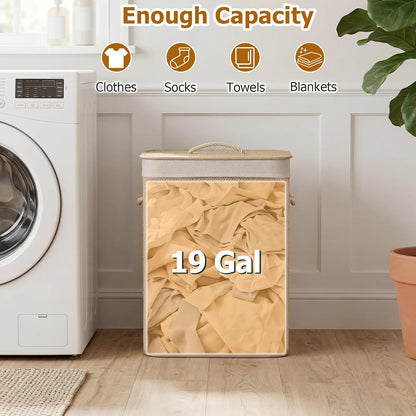 Bamboo Laundry Hamper with Lid Removable Liner & Handles