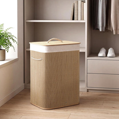 Bamboo Laundry Hamper with Lid Removable Liner & Handles