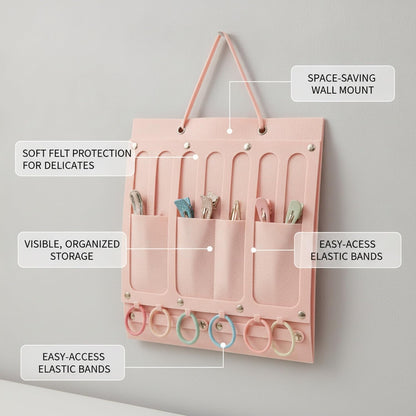 Pink Felt Hair Accessory Organizer, Wall-Mounted Vertical Storage Caddy for Ties & Clips, Space-Saving Door Hanger (13.8 x 15 in)