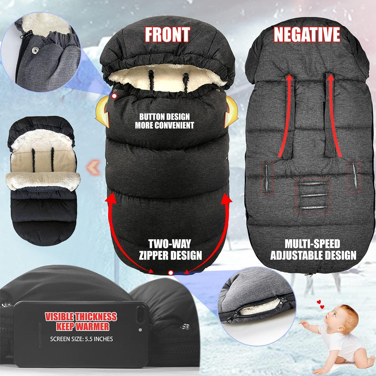 Waterproof &Thicken Universal Stroller Cover Winter,Stroller Footmuff Bunting Bag for Warm Strollers Muff,Stroller Accessories for Baby Sleeping Bag Winter Stroller Blanket