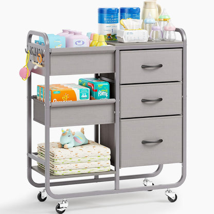 Baby Diaper Caddy Organizer and Storage Cart with Cloth Drawers | 3 Tier Metal Rolling Cart, 2-in-1 Large Capacity Mobile Utility Cart for Nursery, Bedroom, Changing Table & Crib