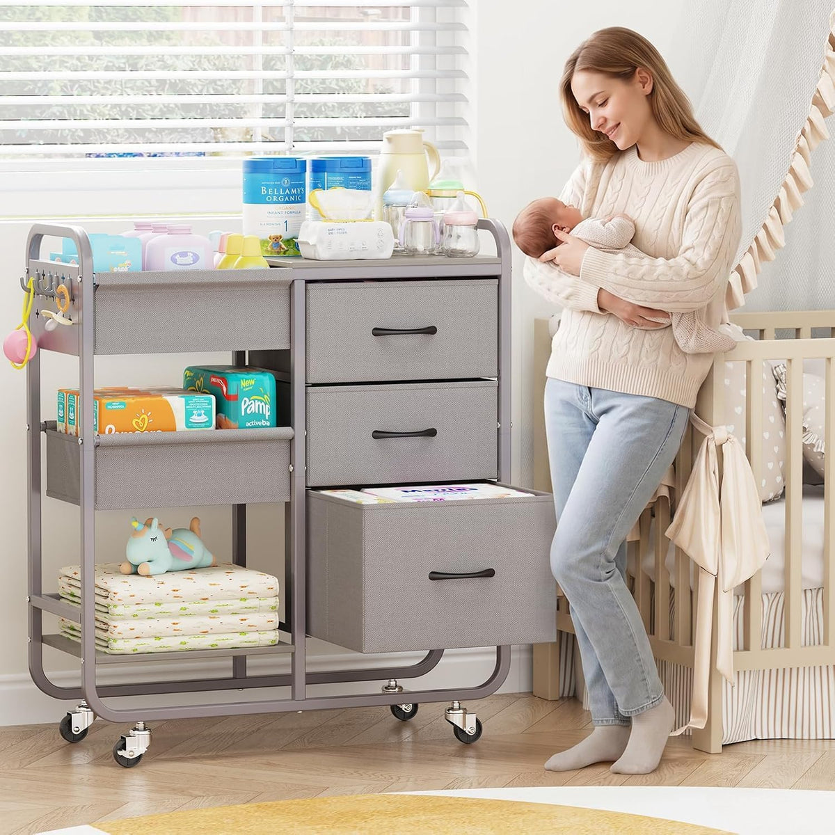Baby Diaper Caddy Organizer and Storage Cart with Cloth Drawers | 3 Tier Metal Rolling Cart, 2-in-1 Large Capacity Mobile Utility Cart for Nursery, Bedroom, Changing Table & Crib