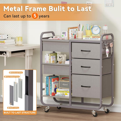 Baby Diaper Caddy Organizer and Storage Cart with Cloth Drawers | 3 Tier Metal Rolling Cart, 2-in-1 Large Capacity Mobile Utility Cart for Nursery, Bedroom, Changing Table & Crib