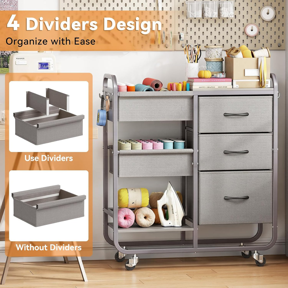 Baby Diaper Caddy Organizer and Storage Cart with Cloth Drawers | 3 Tier Metal Rolling Cart, 2-in-1 Large Capacity Mobile Utility Cart for Nursery, Bedroom, Changing Table & Crib