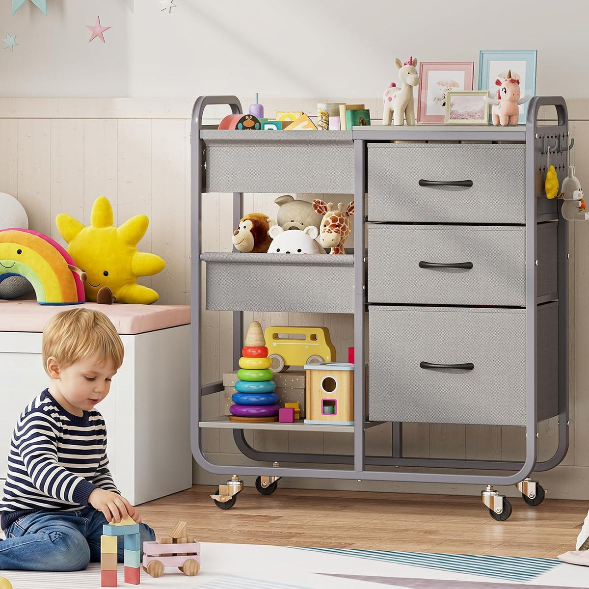 Baby Diaper Caddy Organizer and Storage Cart with Cloth Drawers | 3 Tier Metal Rolling Cart, 2-in-1 Large Capacity Mobile Utility Cart for Nursery, Bedroom, Changing Table & Crib