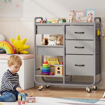 Baby Diaper Caddy Organizer and Storage Cart with Cloth Drawers | 3 Tier Metal Rolling Cart, 2-in-1 Large Capacity Mobile Utility Cart for Nursery, Bedroom, Changing Table & Crib
