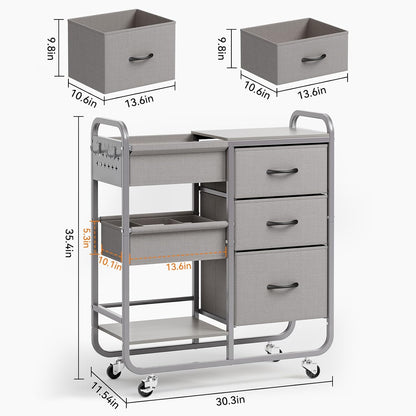 Baby Diaper Caddy Organizer and Storage Cart with Cloth Drawers | 3 Tier Metal Rolling Cart, 2-in-1 Large Capacity Mobile Utility Cart for Nursery, Bedroom, Changing Table & Crib