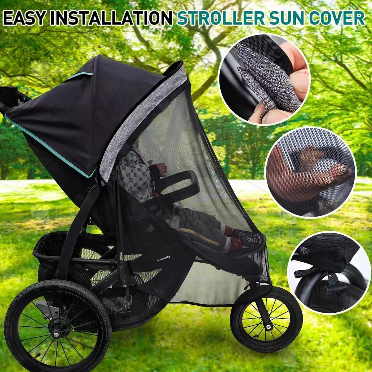 Stroller Sun Shade - Universal Stroller Sun Shade for Travel Strollers, Jogging Strollers; Baby and Toddler Travel Essential; Safely Blocks Up to 97% of UV, Easy to Install