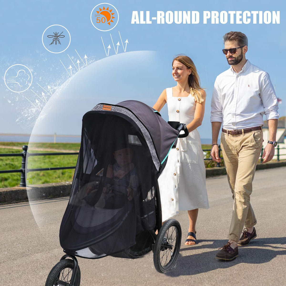 Stroller Sun Shade - Universal Stroller Sun Shade for Travel Strollers, Jogging Strollers; Baby and Toddler Travel Essential; Safely Blocks Up to 97% of UV, Easy to Install