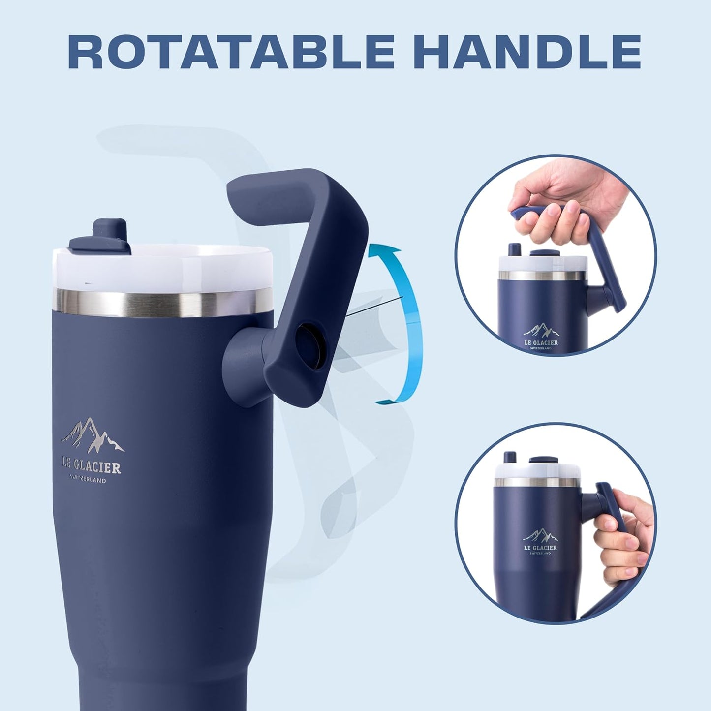 Thurston Tumbler – 40oz Stainless Steel Insulated Travel Cup with Handle & Straw Lid, Double-Wall Vacuum with All-in-One Rotational Handle & Retractable Straw for Hot & Cold Drinks (Navy)