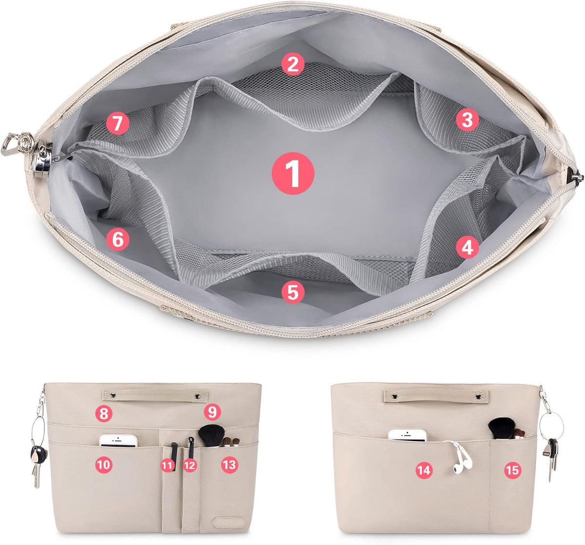 Purse Organizer Insert for Handbags,Tote Bag Organizer Insert Zipper Bag for Women, Handbag Organizer Inside Liner with 15 Pockets