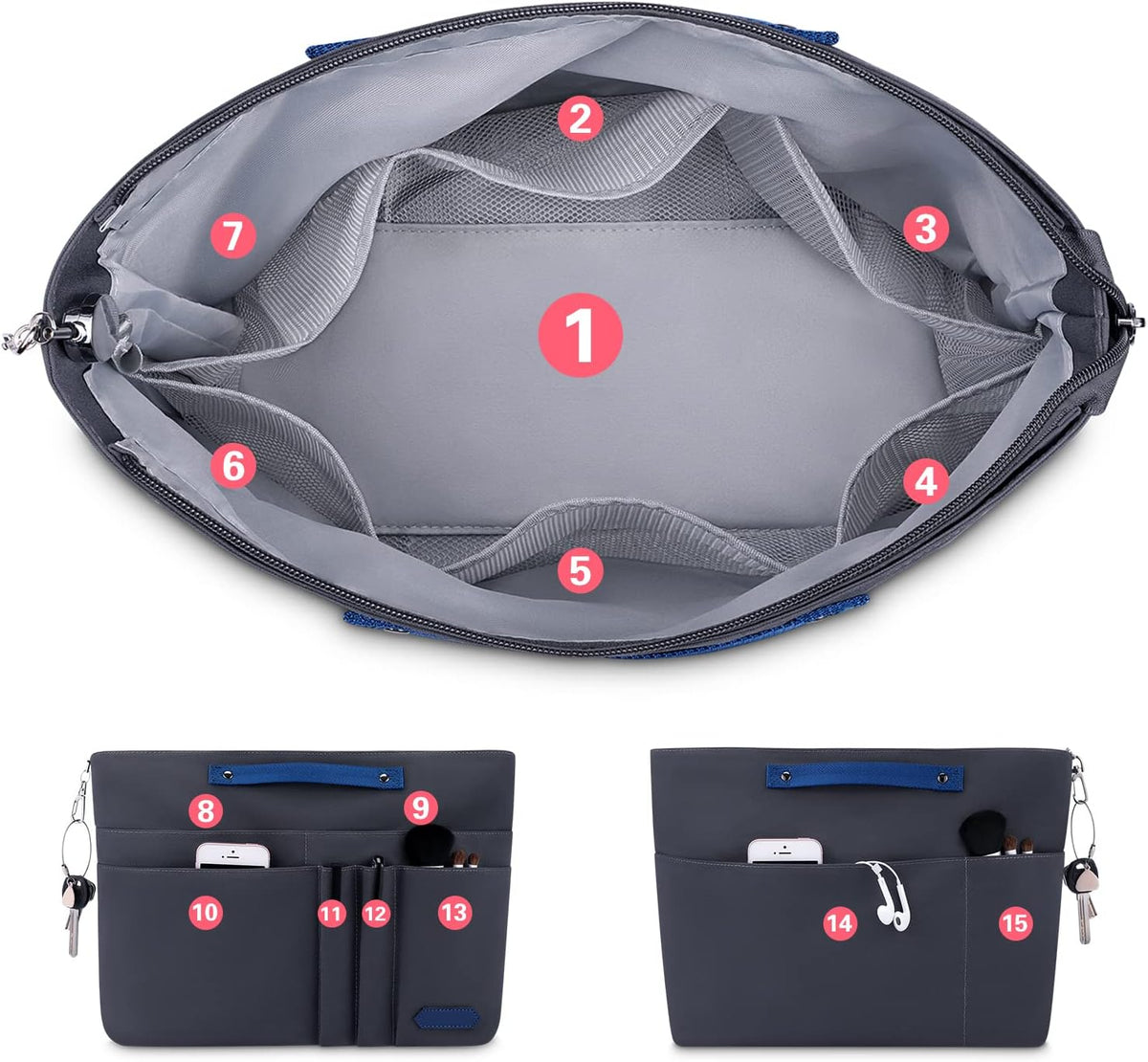 Purse Organizer Insert for Handbags,Tote Bag Organizer Insert Zipper Bag for Women, Handbag Organizer Inside Liner with 15 Pockets