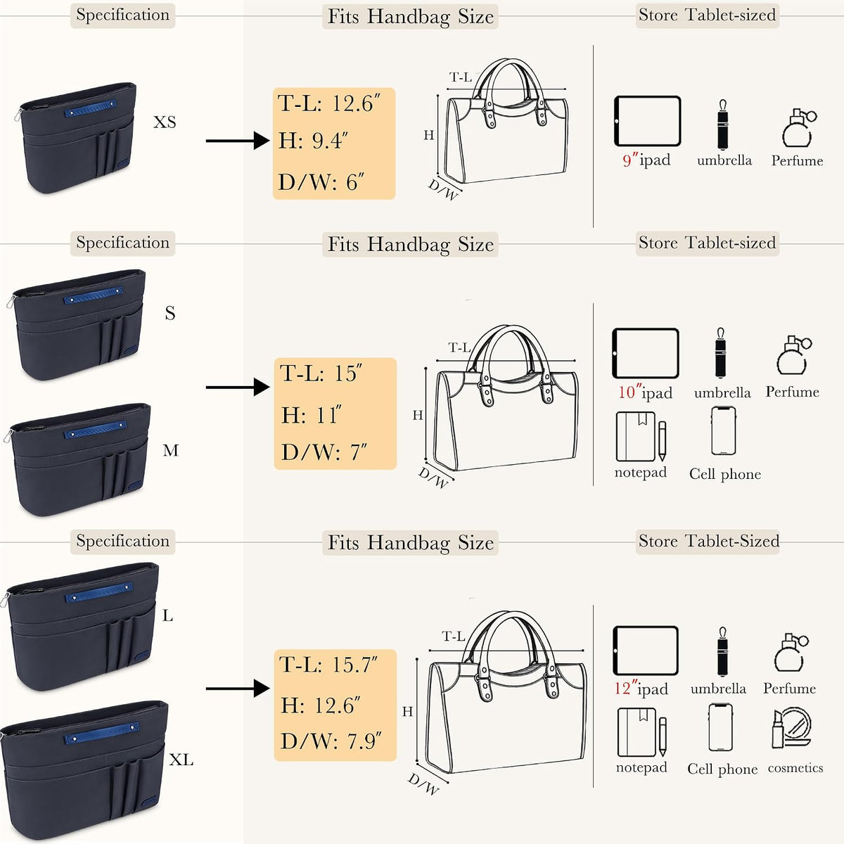 Purse Organizer Insert for Handbags,Tote Bag Organizer Insert Zipper Bag for Women, Handbag Organizer Inside Liner with 15 Pockets