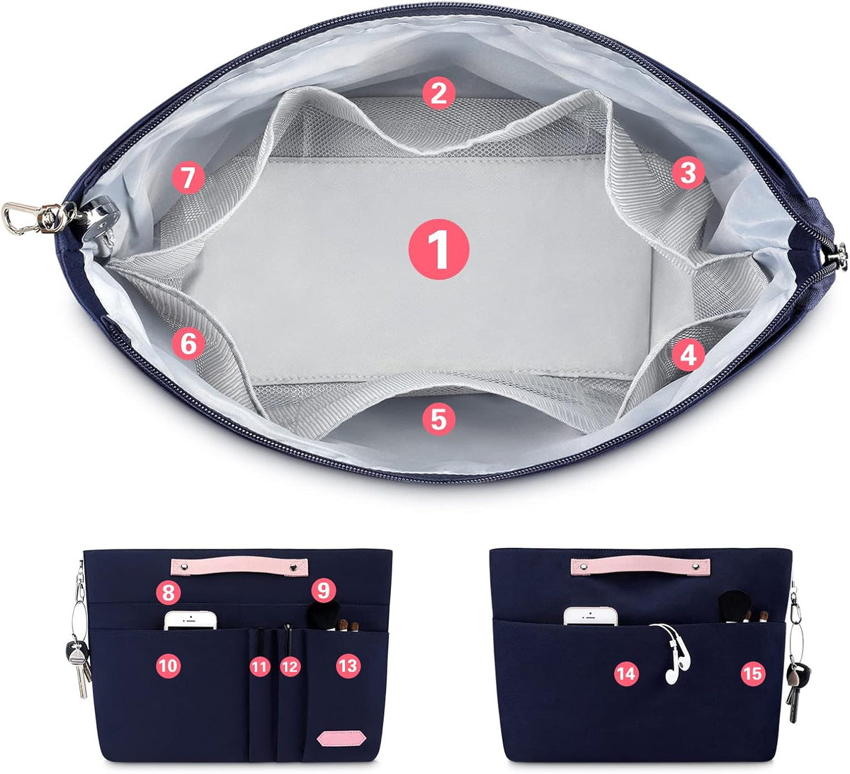 Purse Organizer Insert for Handbags,Tote Bag Organizer Insert Zipper Bag for Women, Handbag Organizer Inside Liner with 15 Pockets