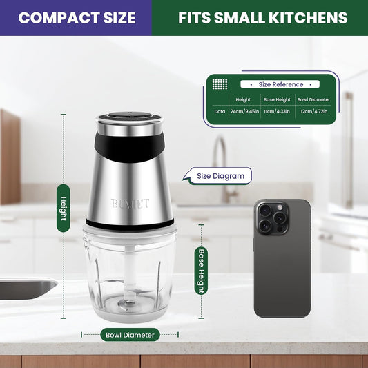 500W Mini Chopper 2.5-Cup Glass Bowl Steel Blades