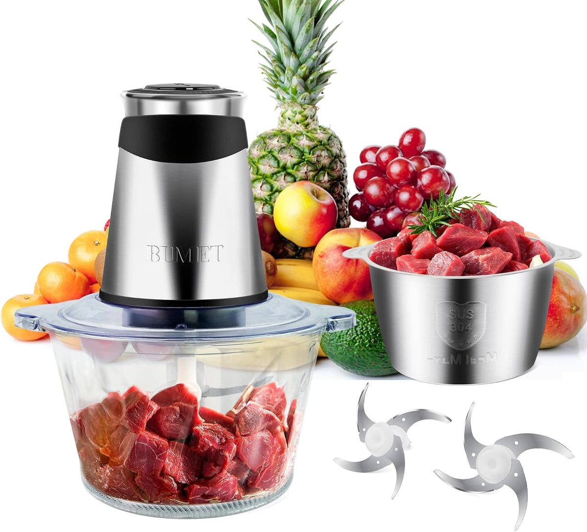 500W Mini Chopper 2.5-Cup Glass Bowl Steel Blades