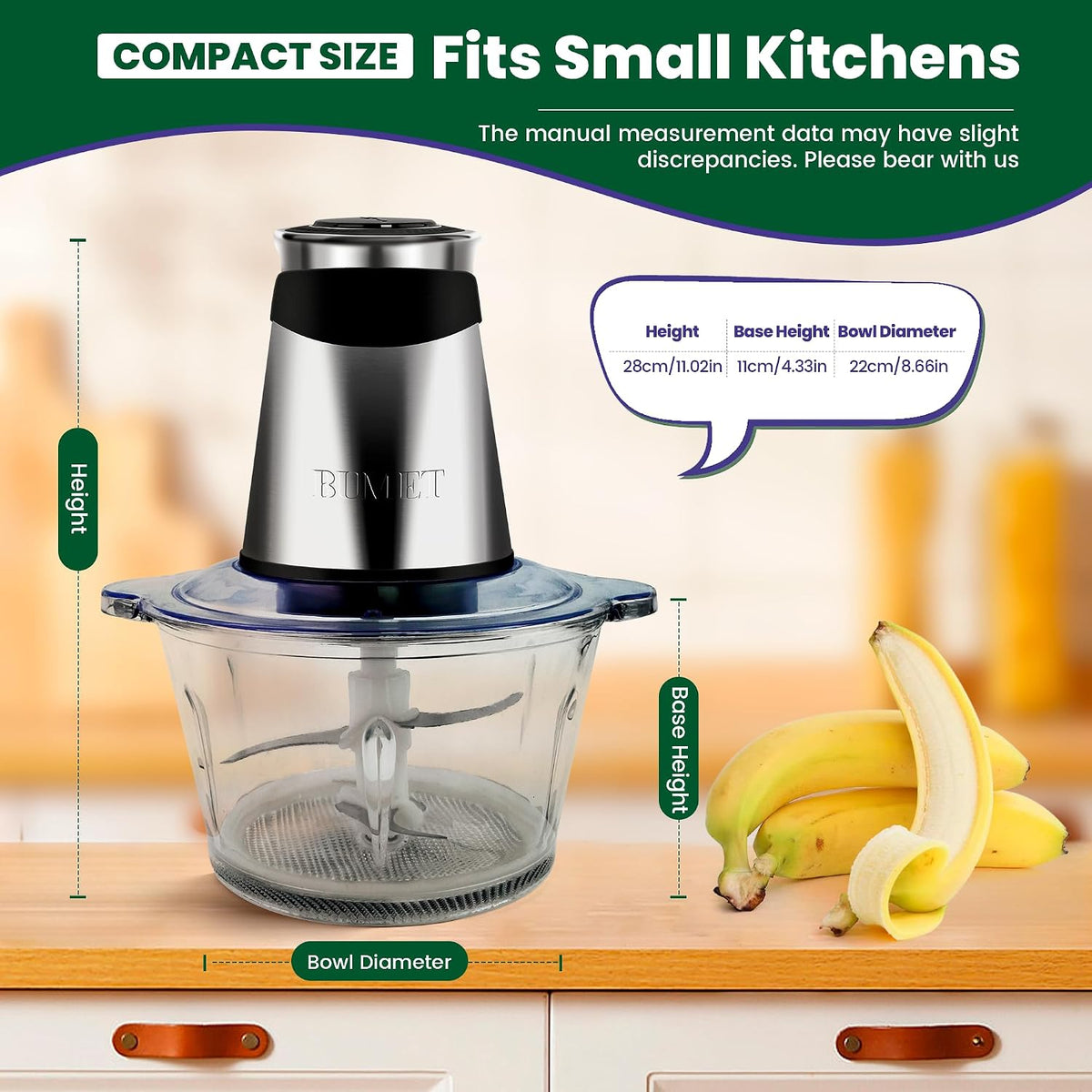 500W Mini Chopper 2.5-Cup Glass Bowl Steel Blades