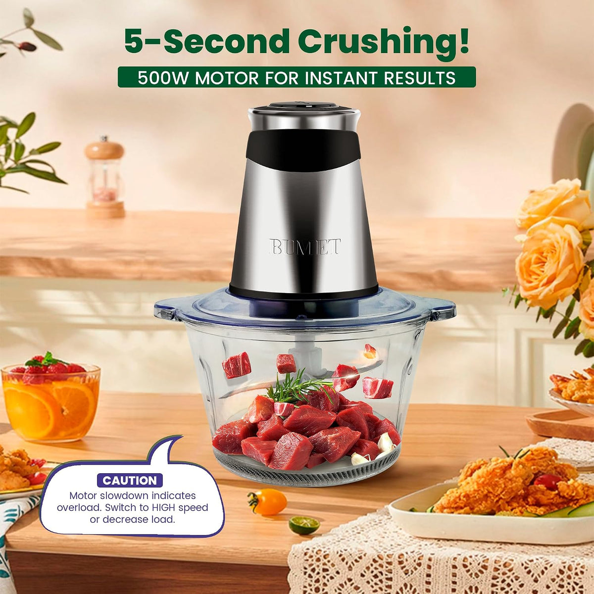 500W Mini Chopper 2.5-Cup Glass Bowl Steel Blades